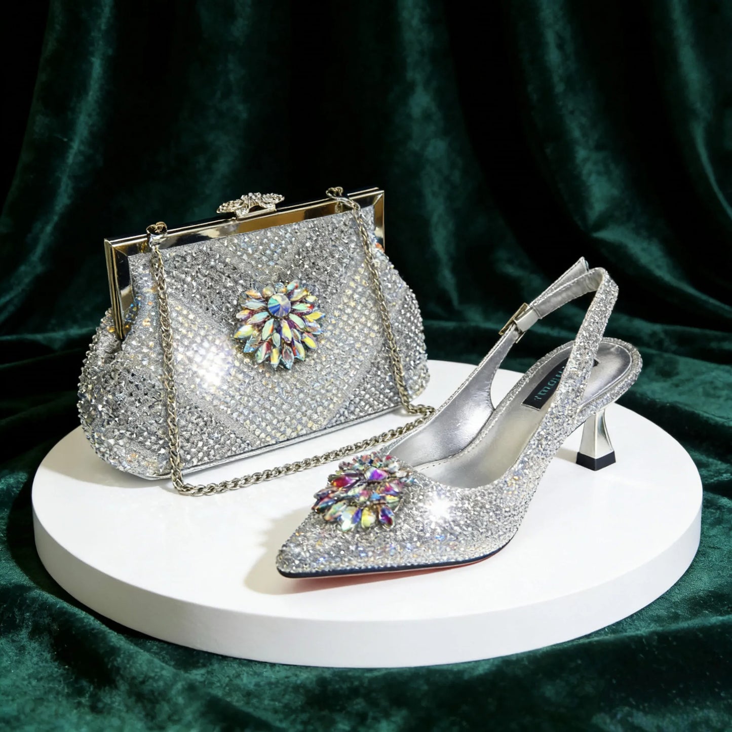 Italian Luxury Rhinestone Wine Pointed Toe High Heels with Matching Bag Set – Ideal for Parties and Special