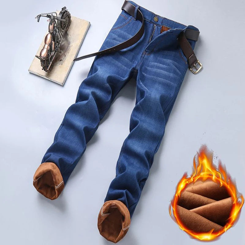 Men New Fashion Winter Warm Jeans Male Fleece Lined Thickened Denim Pants Loose Straight Comfortable Casual Black Blue Trousers