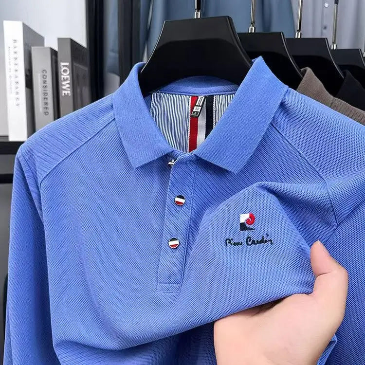 Original Design Men's Polo Shirt Lapel Long Sleeve T-Shirt Autumn New Solid Exquisite Letter Embroider Business Smart Menswear