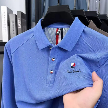 Original Design Men's Polo Shirt Lapel Long Sleeve T-Shirt Autumn New Solid Exquisite Letter Embroider Business Smart Menswear