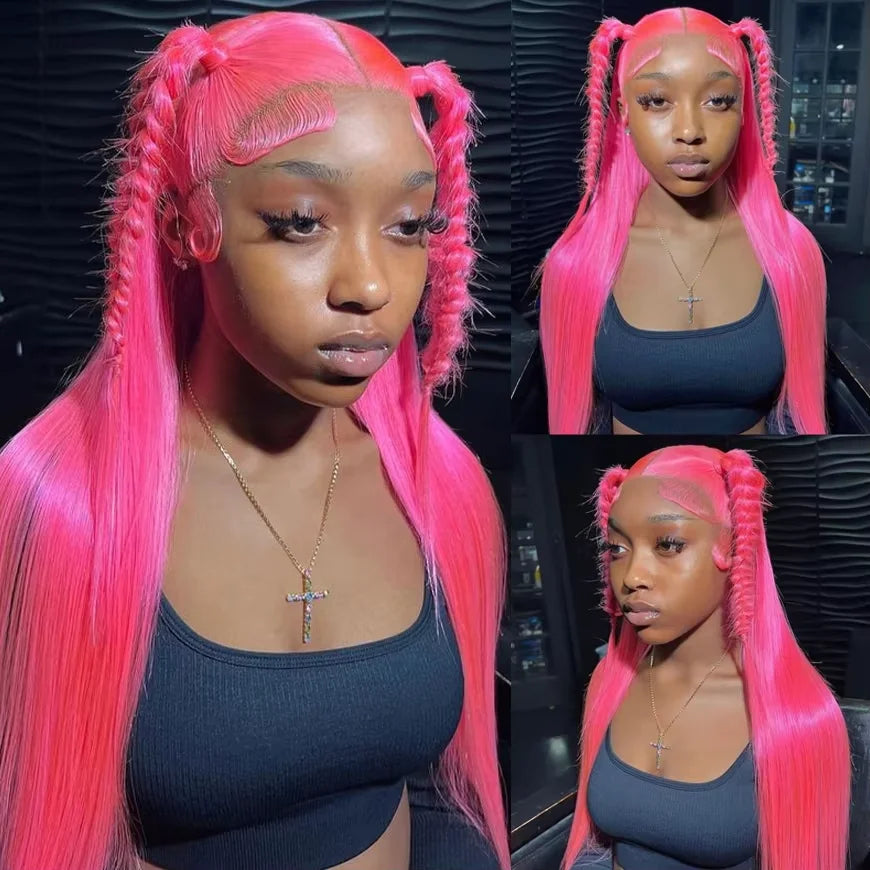 30 36 inch Hot Pink Transparent Lace Front Wig Human Hair 13x6 Lace Frontal Wigs For Women Long Straight Colored Human Hair Wigs