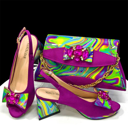 Fashion Purple Color Painted Rhinestones Elegant Peep Toe Sandals Shoes and Bag Set Italian Heels for Womens