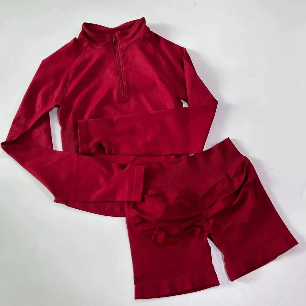 2pcs Long Sleeve Yoga Set Women Half Zippy Jacket Longline Sports Top Gym Shorts Fitness Suits Running Coats Workout Set