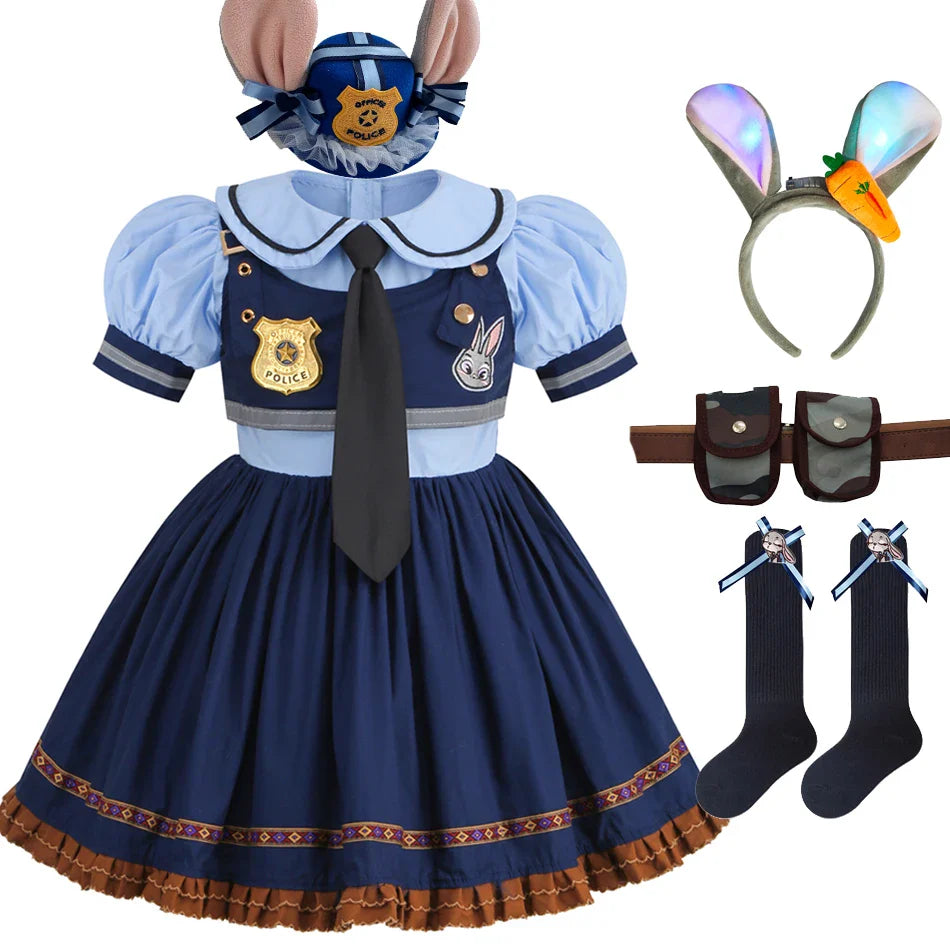 Judy Cosplay Costume Kids Carnival Party Dress Girls Tie Headdress Belt Socks Sets Police Role Play Movie Uniform Birthday Gift