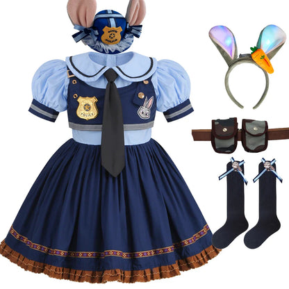 Judy Cosplay Costume Kids Carnival Party Dress Girls Tie Headdress Belt Socks Sets Police Role Play Movie Uniform Birthday Gift