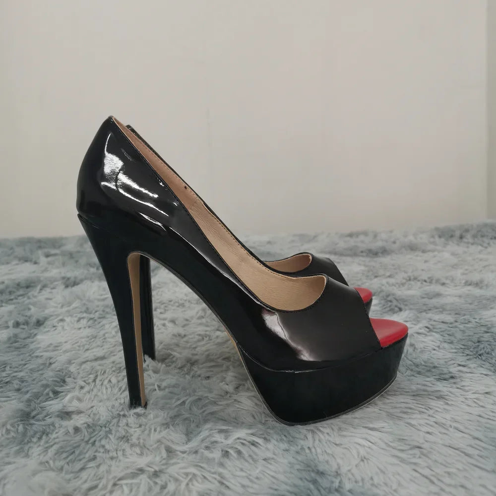 Women Pumps Sexy Peep Toe Platform 14cm Super High Heels Patent Leather Shoes Red Wedding Stilettos Large Size 44