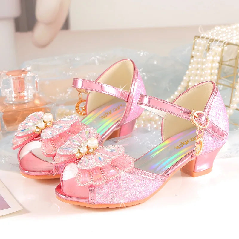Children's Princess Shoes Summer New Girls' Performance High Heels Fashion Pearl Bow Baby Crystal Sandals