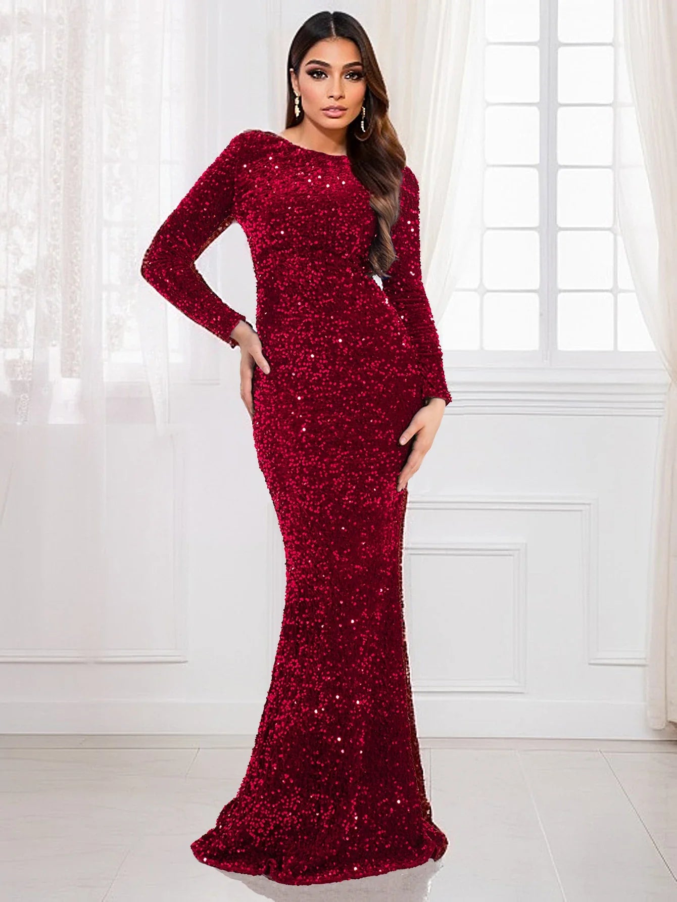 Vestido de Festa Formal Azul Royal Feminino Elegante Manga Longa Veludo Elástico Paetê Sereia Vestido de Noiva 2025