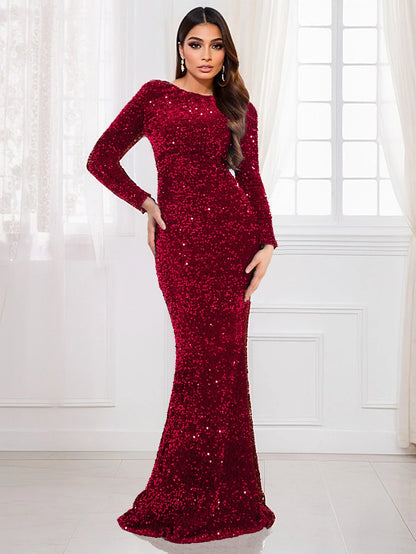Vestido de Festa Formal Azul Royal Feminino Elegante Manga Longa Veludo Elástico Paetê Sereia Vestido de Noiva 2025