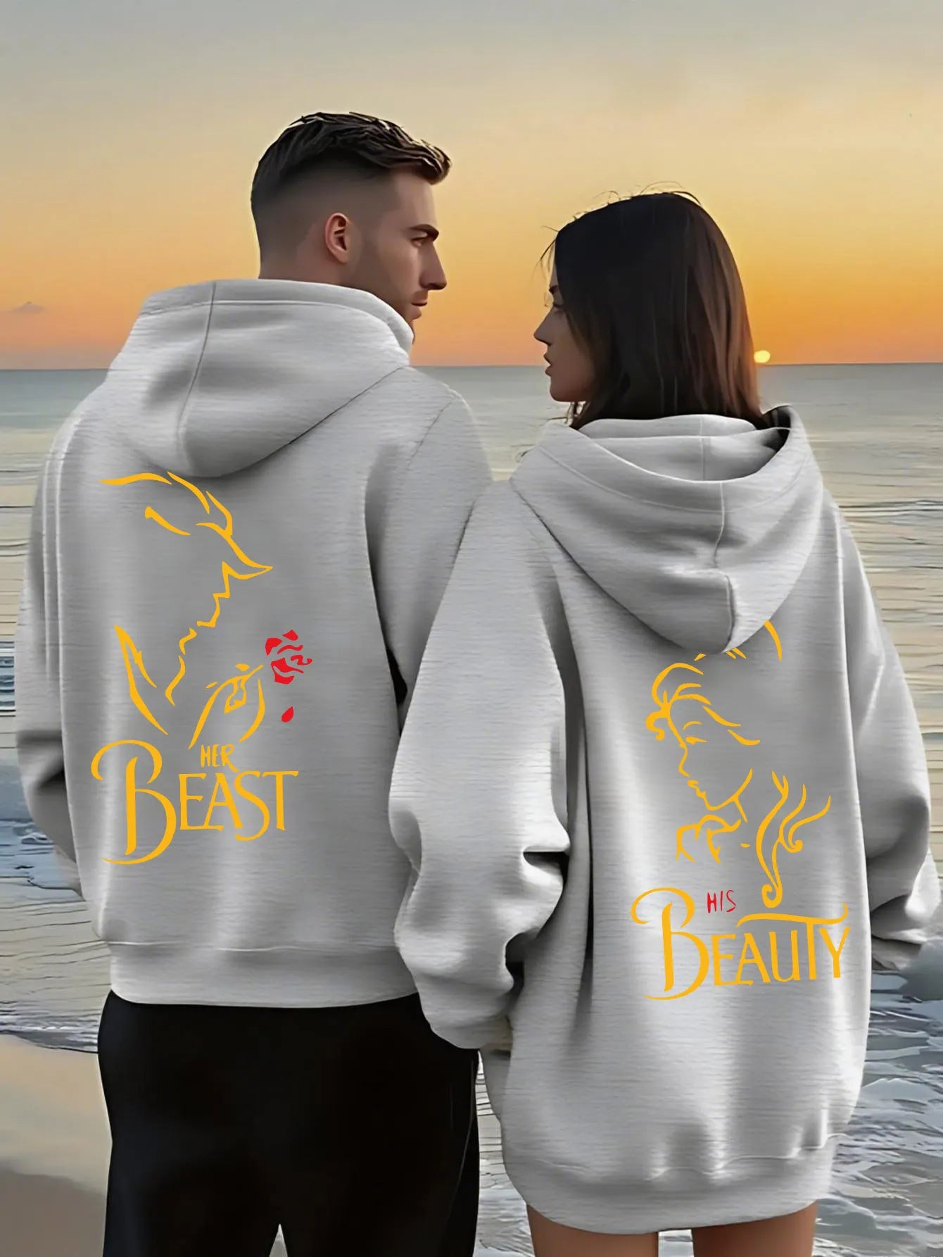 Romantic Theme Beauty and the Beast Couple Hoodies Men'S Women'S Separate Styles Pullover Casual Loose Fit Sweatshirt Hoodie Y2K