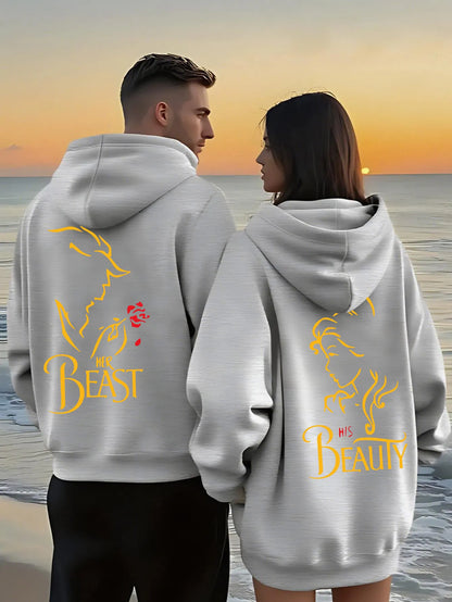 Romantic Theme Beauty and the Beast Couple Hoodies Men'S Women'S Separate Styles Pullover Casual Loose Fit Sweatshirt Hoodie Y2K