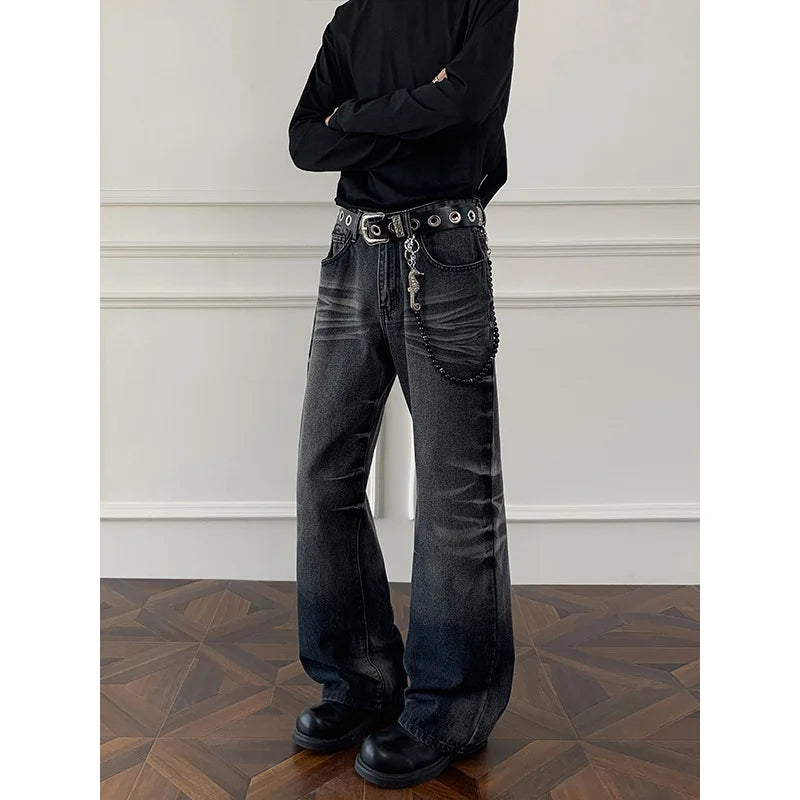 Cleanfit cat whisker gradient jeans for men, autumn niche design pants, American retro straight leg micro flared pants