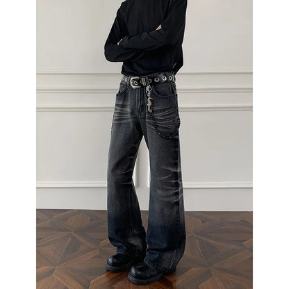 Cleanfit cat whisker gradient jeans for men, autumn niche design pants, American retro straight leg micro flared pants