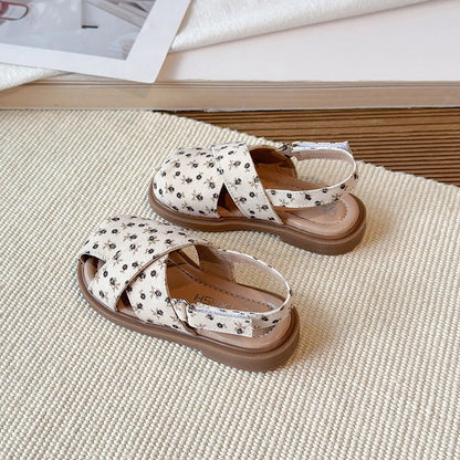 Girls Princess Floral Sandals New Summer Cross Strap Children Beach Shoes Non-Slip Breathable Kids Flat Sandals School Perform