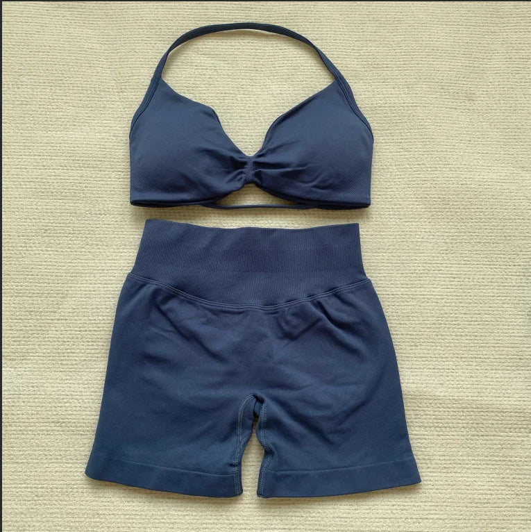 Impact Womens 2 Piece Yoga Set Strappy Seamless Sports Bra and High Waist Scrunch Shorts for Gym Workout and Fitness Training