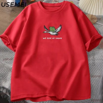 We Ride At Dawn T-Shirt Funny Frog and Goose Tee Casual Cotton Short Sleeve Round Neck Tshirt Streetwear Male Clothing Y2k