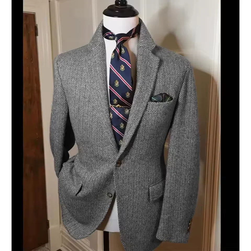 Men's Herringbone Tweed Blazer Vintage British Slim Fit Suit Jacket Wool Blend Formal Coat with Pocket Square Wedding Casual
