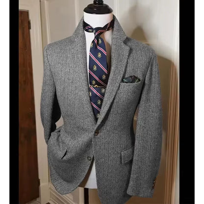 Men's Herringbone Tweed Blazer Vintage British Slim Fit Suit Jacket Wool Blend Formal Coat with Pocket Square Wedding Casual