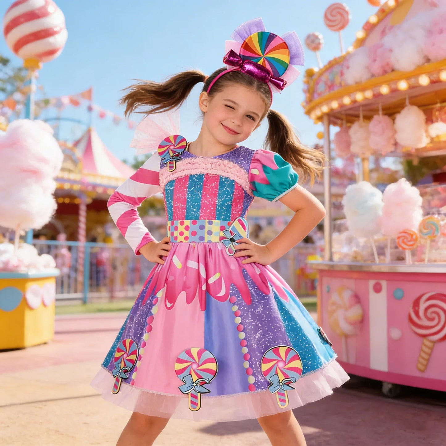 Girls Candy Fairy Lollipop Cosplay Costume Toddler Carnival Purim Rainbow Vestidos Girls Birthday Party Long Short Sleeves Dress