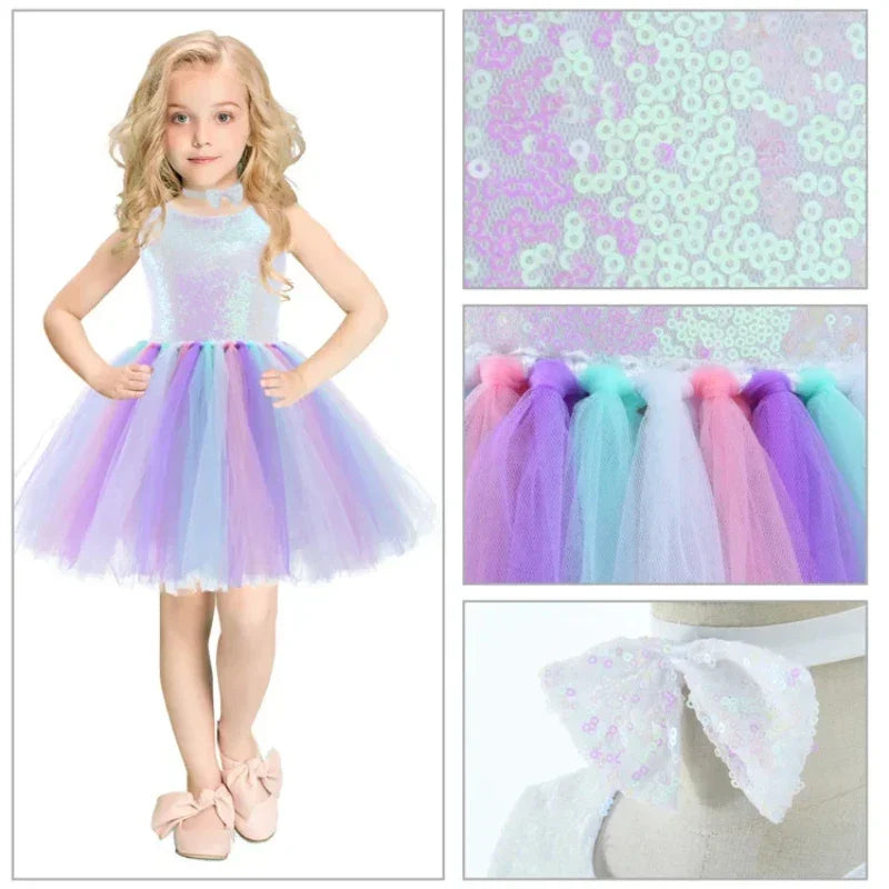 Summer Princess Dress Dance Performance Dress Birthday Dress Rainbow Sequin Fluffy Dress Girl's Children's Clothing Prom Dresses