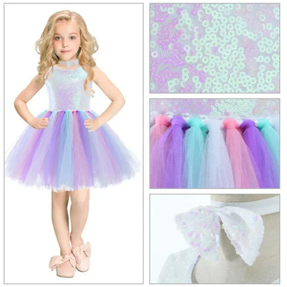 Summer Princess Dress Dance Performance Dress Birthday Dress Rainbow Sequin Fluffy Dress Girl's Children's Clothing Prom Dresses