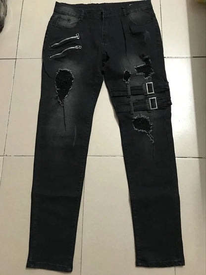 Men's Retro Moto Biker Straight Elastic Jeans Zipper Distress Hole Punk Skinny Denim Cargo Pants Streetwear Y2K Hombre Trousers