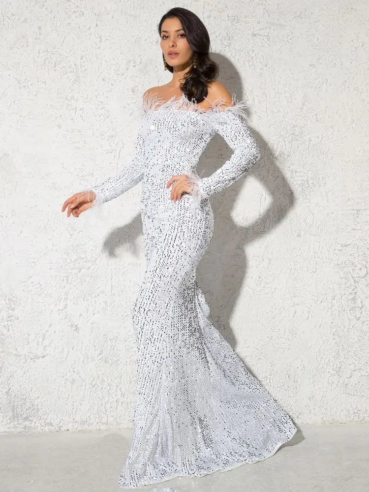Sparkle Sequin Green Feathers Maxi Cocktail Dress Mermaid Off Shoulder Long Sleeves Stretch Wedding Party Gown Dresses 2025