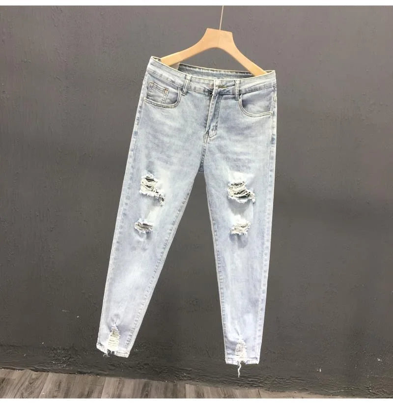 2023 Spring and Autumn New Men's Fashion Solid Color Ripped Jeans Men's Casual Comfort Elastic High-Quality Small Foot Pants