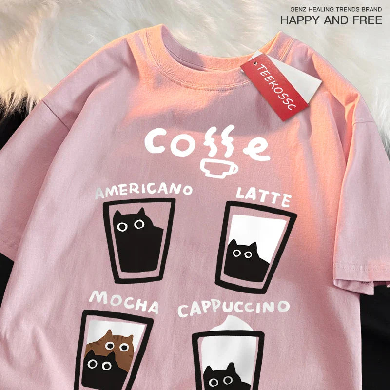 Fun Coffee Cat Japanese Style Men Women T-Shirts Oversize Tshirt Breathable Loose Short Sleeve Tee Clothes Cotton Streetwear