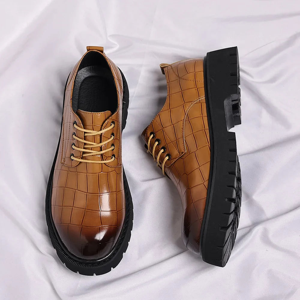 Business Formal Big Head Leather Shoes Men Spring Autumn Fashion Platform Shoes Male Lace Designer Stone Pattern Dress Shoes Man