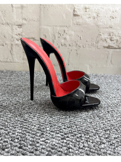 New 12cm fashionable high-heeled patent leather leopard print slippers with sexy open toed sandals, reversed size, 33-46