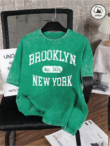 Brooklyn Est 1631 New York Prints Washed T-Shirt Mens Cotton Oversized T Shirts Casual Distressed O-Neck Tops Summer Male Tees