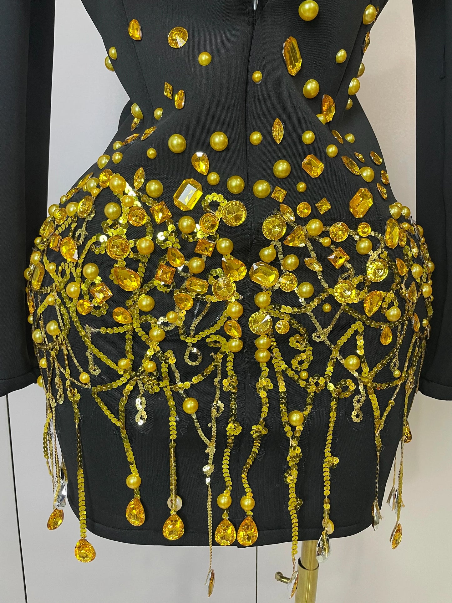 Crystal Chains Pearls Long Sleeve Mini Dress 2025 Women Birthday Evening Party Nightclub Outfit Singer Wedding Costume