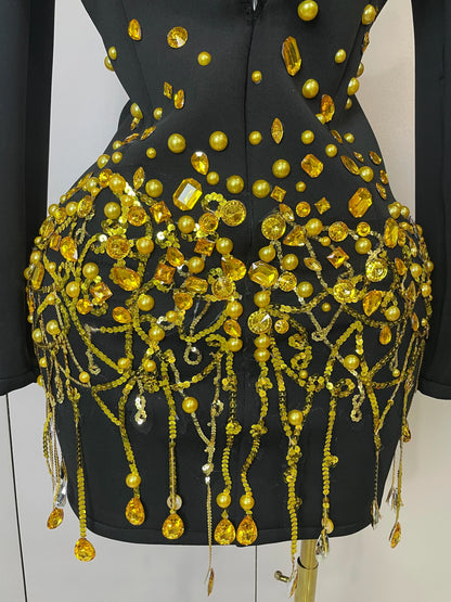 Crystal Chains Pearls Long Sleeve Mini Dress 2025 Women Birthday Evening Party Nightclub Outfit Singer Wedding Costume