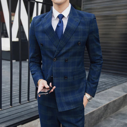 S-5XL ( Blazer + Pants ) Men's High-end Brand Formal Double Breasted Suit Gray 2 Piece Set Wedding Dress Plaid Suit Groom Party