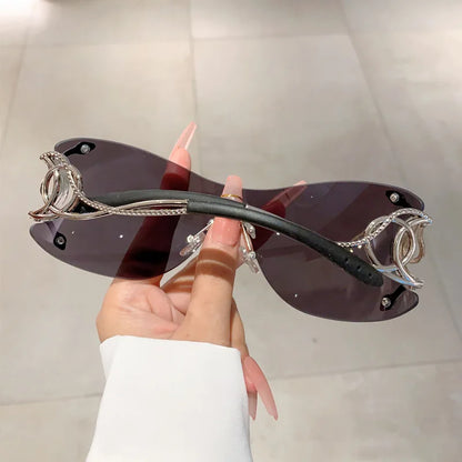 Y2K Rimless Luxury Brand Designer Sunglasses Women For Men One Piece Trendy Oversized Sun Glasses Metal Snake Pink Punk Shades