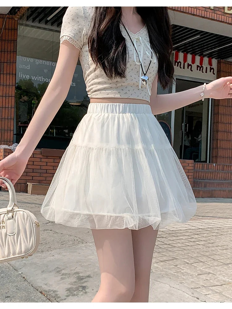 Women Summer 2026 A-Line Mini Skirt Pleated Puffy Short Skirt Korean Fashion Style Flower Bud Skirt Sweet Streetwear Y2k