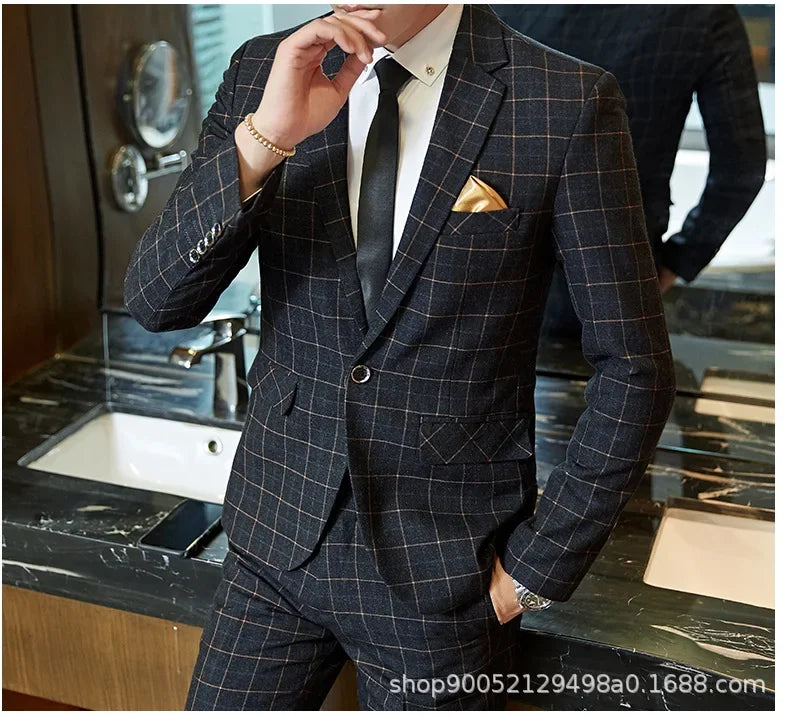 Men's Slim Fit Plaid Wedding Suit Jacket Korean Style Business Casual Single-breasted Suit with Set Wedding Groomsmen Wear