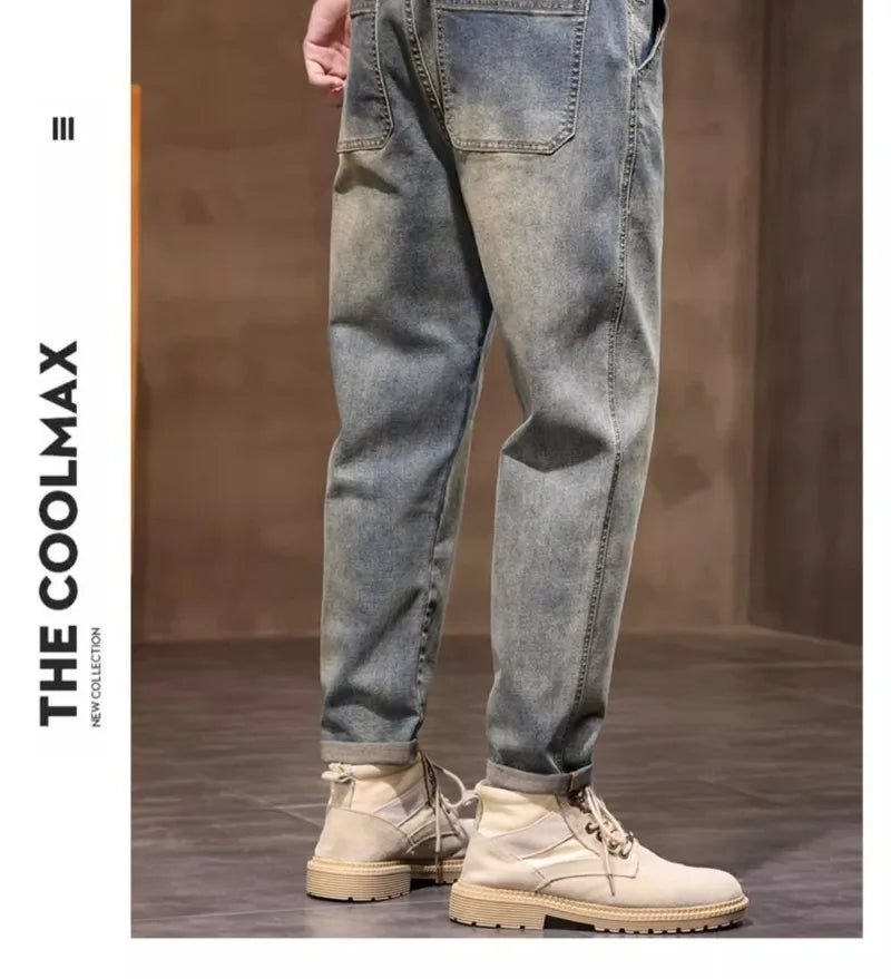 Calça Jeans Masculina Primavera Vintage Elástica Casual Longa Calça Reta Slim Algodão Poliéster Lavada para Adolescentes