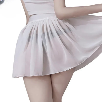 A-Line Pleated Mini Skirt Sheer Sexy Elastic High Waist Black White Solid Lace thin Short Skirts for Woman Spring Summer
