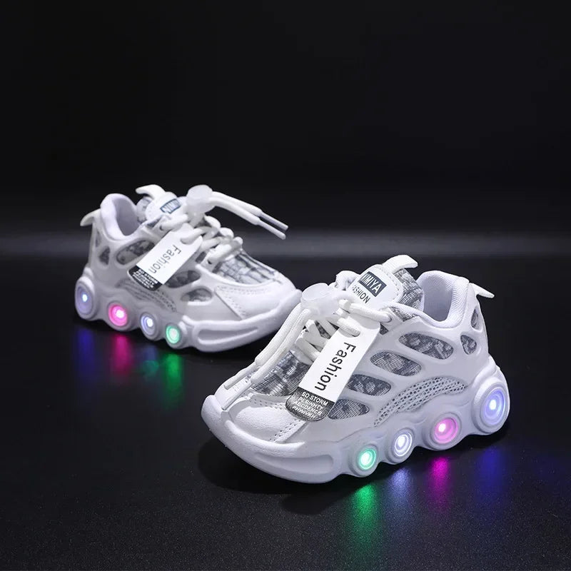 Sneakers Kids Fashion LED Light Shoes Letter Webbing Mesh Breathable1-6years Old Luminous Shoes Casual Sports Shoes Boys Shoes