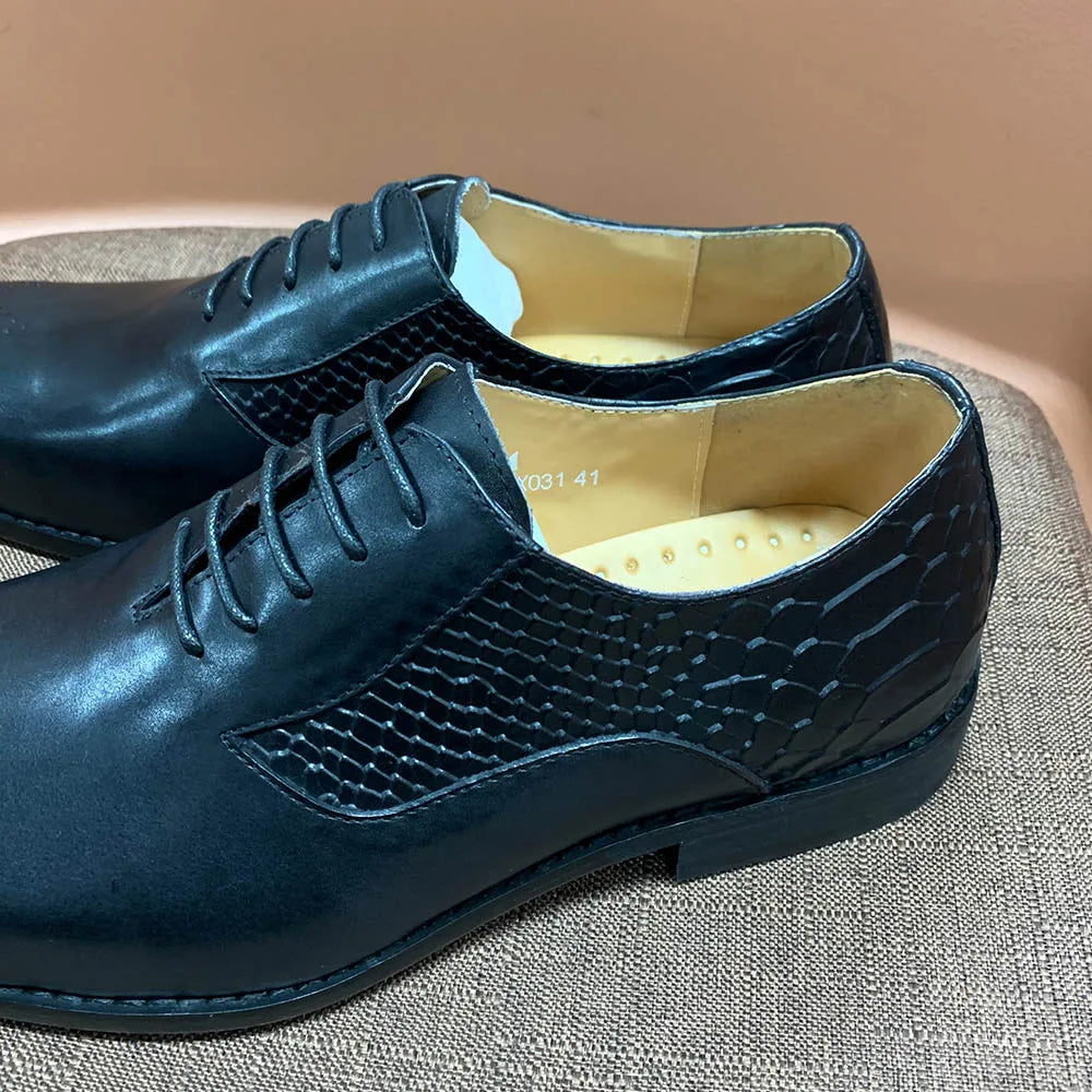 Luxury Men's Genuine Leather Oxford Shoes Snake Skin Print Black/Purple Lace-Up Square Toe Formal Dress Shoes