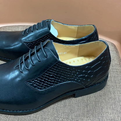 Luxury Men's Genuine Leather Oxford Shoes Snake Skin Print Black/Purple Lace-Up Square Toe Formal Dress Shoes