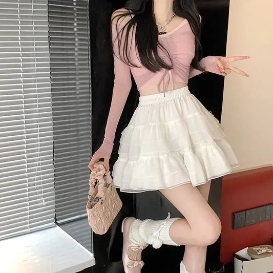 Black White Ruflles Mini Skirt for Women Elastic Waist Tiered Lace Tulle Skirts Shoujo Giris Y2K Kawaii Lolita Style