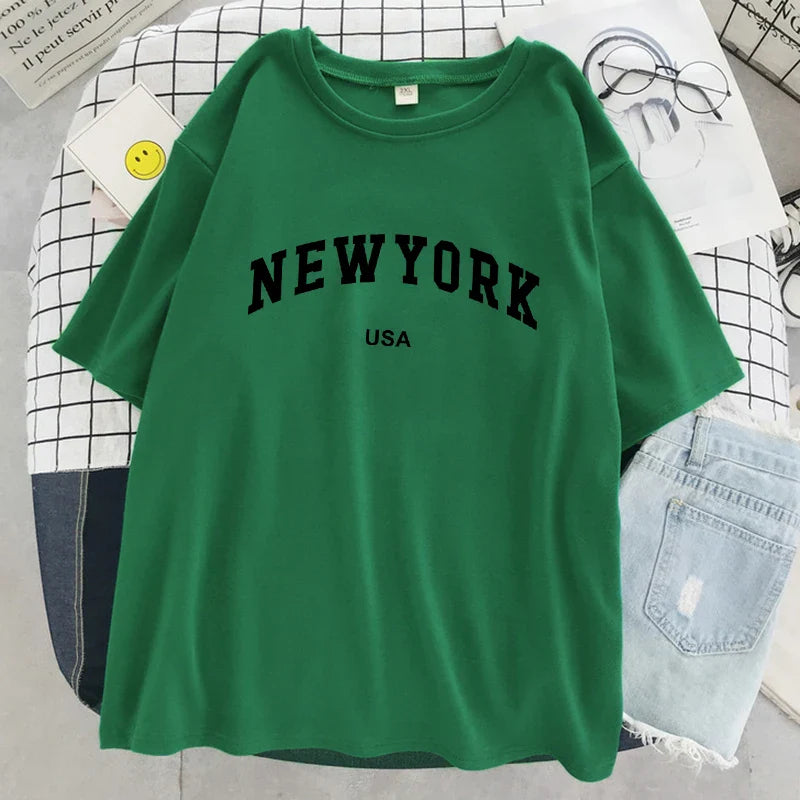 New York Usa City Letter Graphic Tshirt Women Cotton Sport Tops Summer Fashion Tee Shirt Street Casual Oversized Short Sleeve