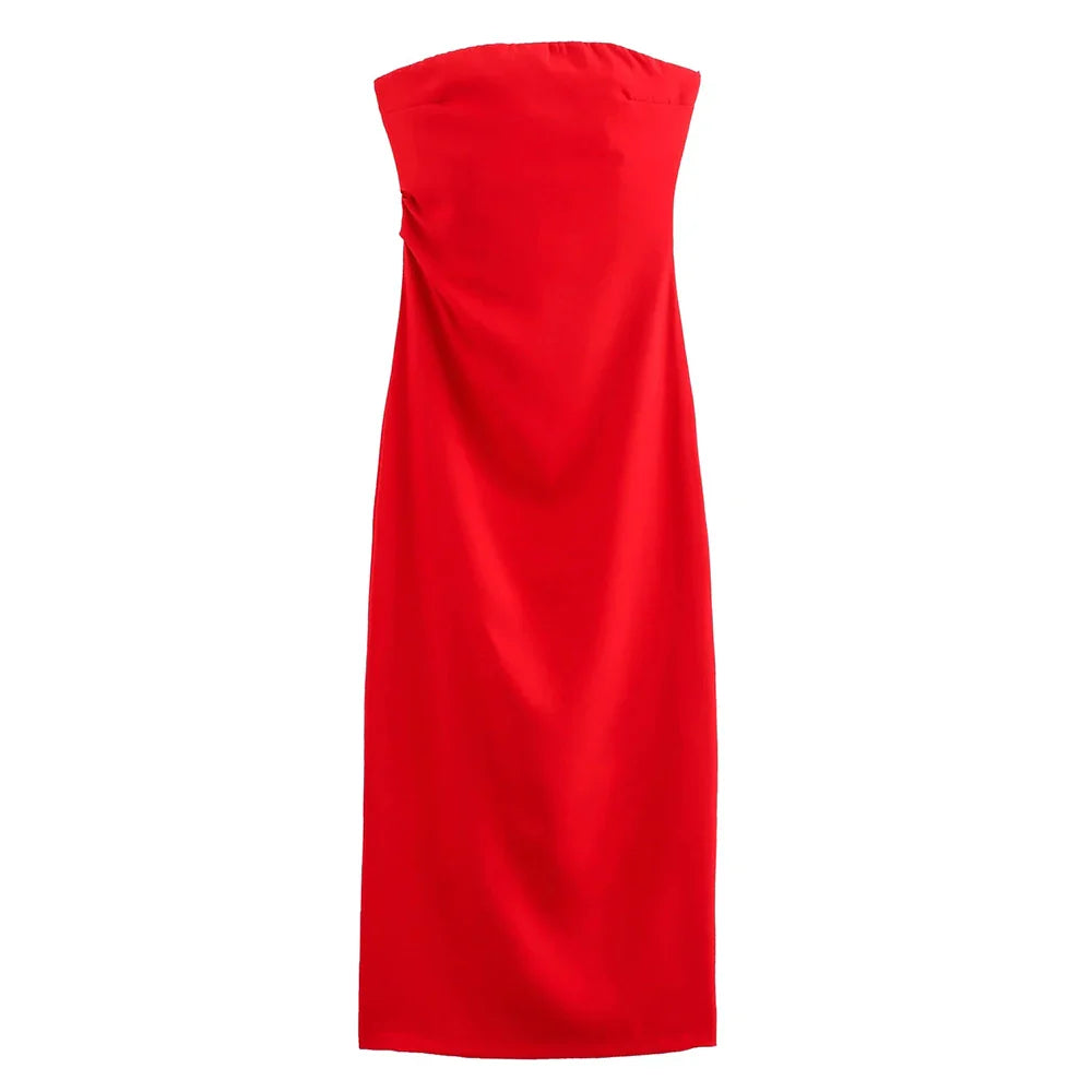 Women Fashion Strapless Gathered Midi Dress Sexy Straight Neck Back Slit Female Dresses Vestidos Mujer