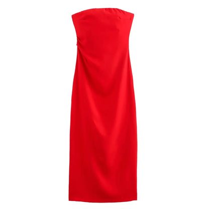 Women Fashion Strapless Gathered Midi Dress Sexy Straight Neck Back Slit Female Dresses Vestidos Mujer