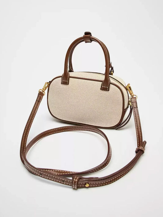 2025 New niche retro color-blocking hand-held small bag, stylish crossbody canvas PU small square bag, single-shoulder bowling b