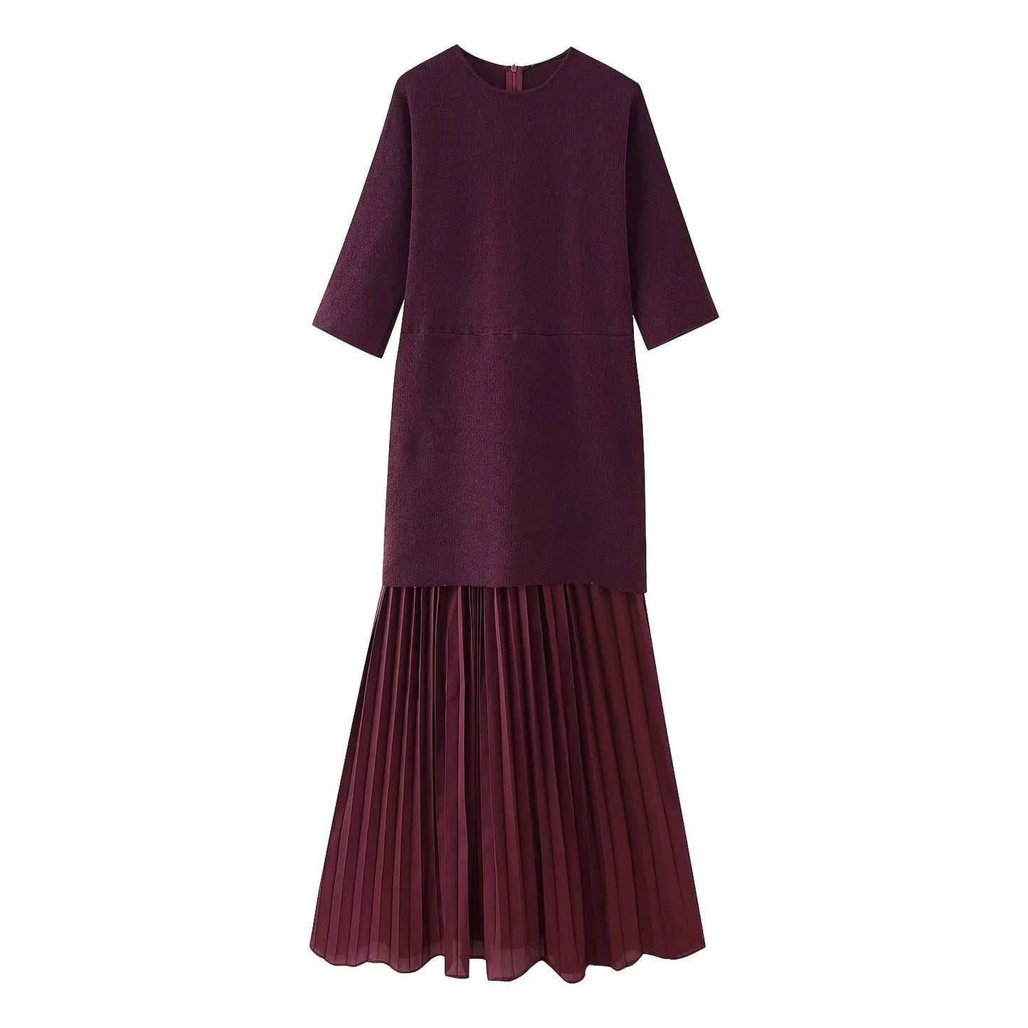Women Elegant Half Sleeves O-Collar Pleated Dress Spring Woman Rear Zipper Splicing Vintage Casual Knitted Long Dress