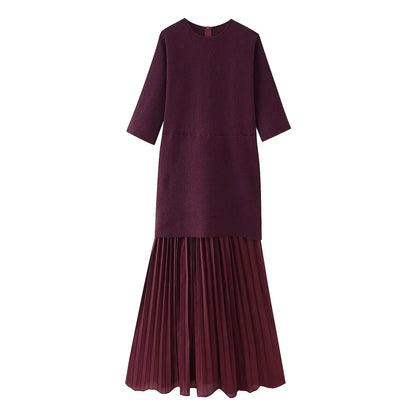 Women Elegant Half Sleeves O-Collar Pleated Dress Spring Woman Rear Zipper Splicing Vintage Casual Knitted Long Dress